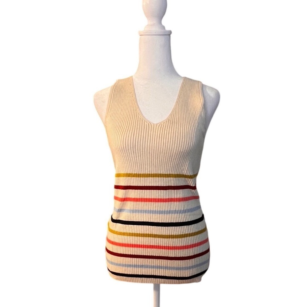 Zeagoo Womens Ribbed Knit V-Neck Tank Top Cream Multi Color Striped Size L NWT